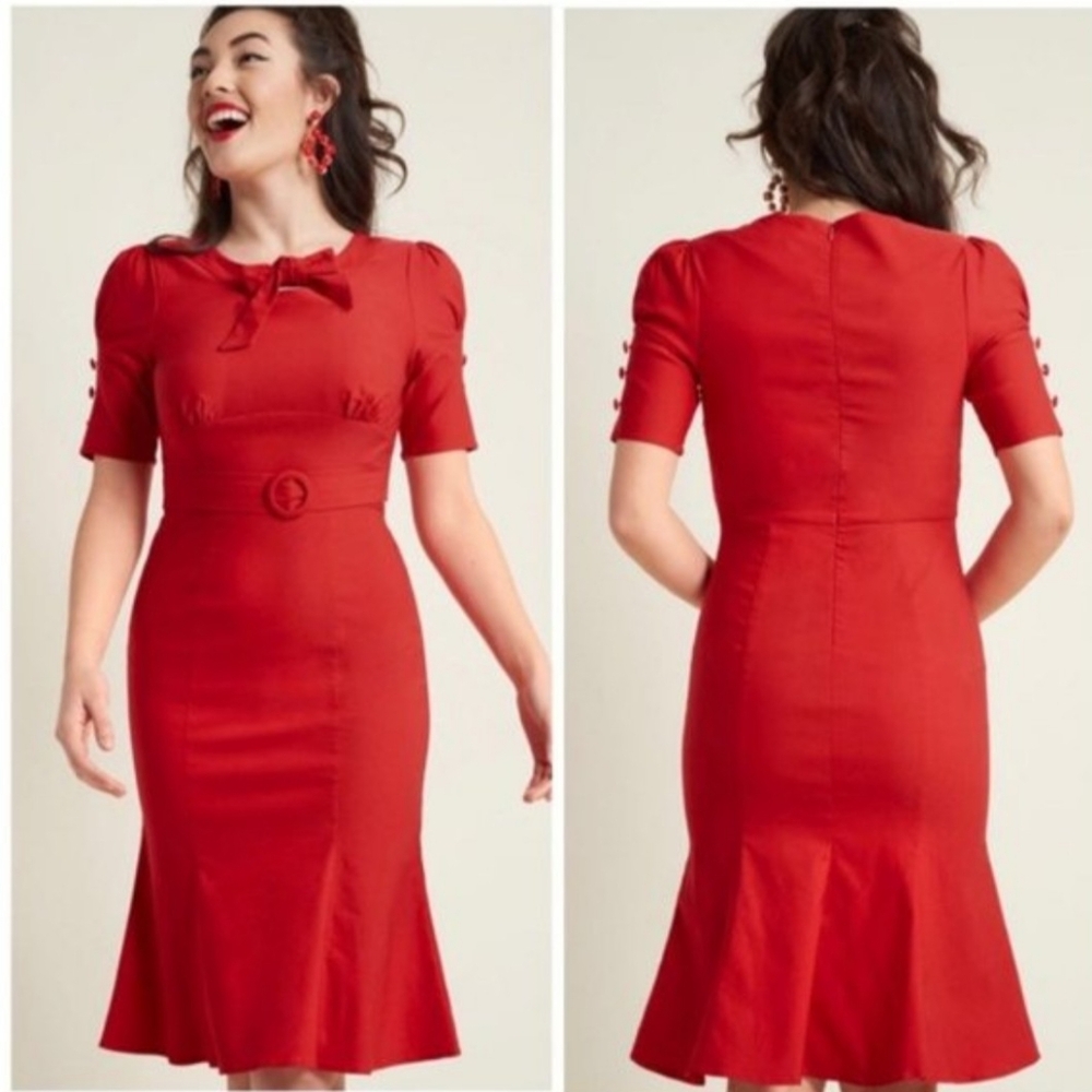 ModCloth Red Vintage-Inspired Bow Belt Dress